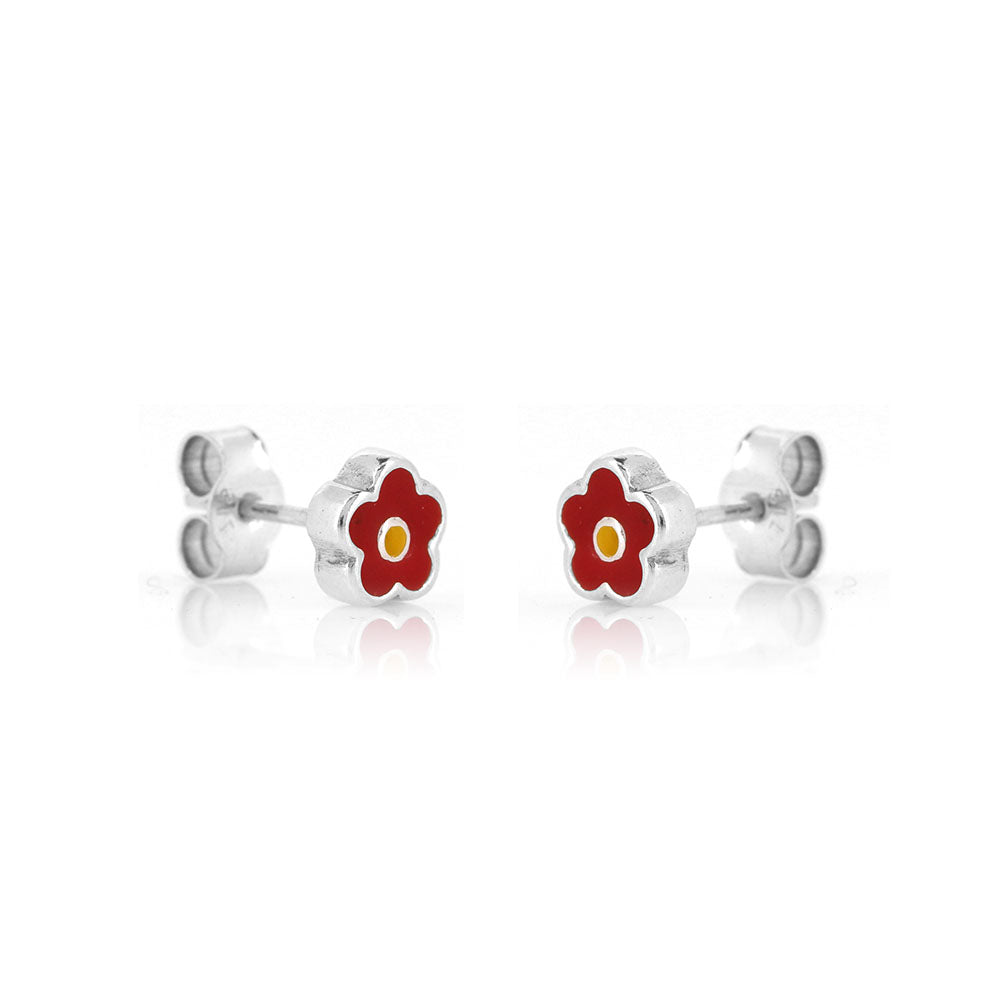 Red Flower Stud Earrings - Sterling Silver