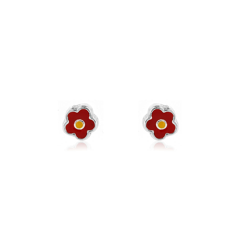 Red Flower Stud Earrings - Sterling Silver