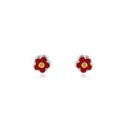 Red Flower Stud Earrings - Sterling Silver