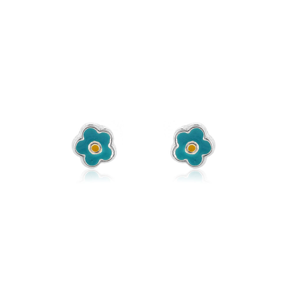 Teal Flower Stud Earrings - Sterling Silver