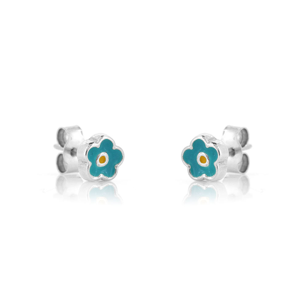 Teal Flower Stud Earrings - Sterling Silver