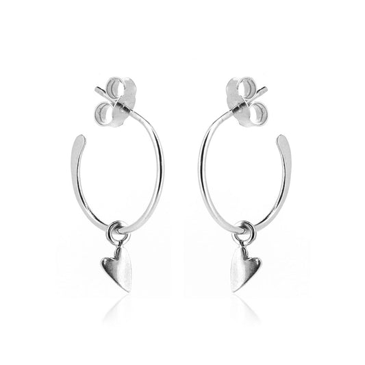 Heart Hoop Stud Earrings Flat Ended - Sterling Silver Hoop Earrings