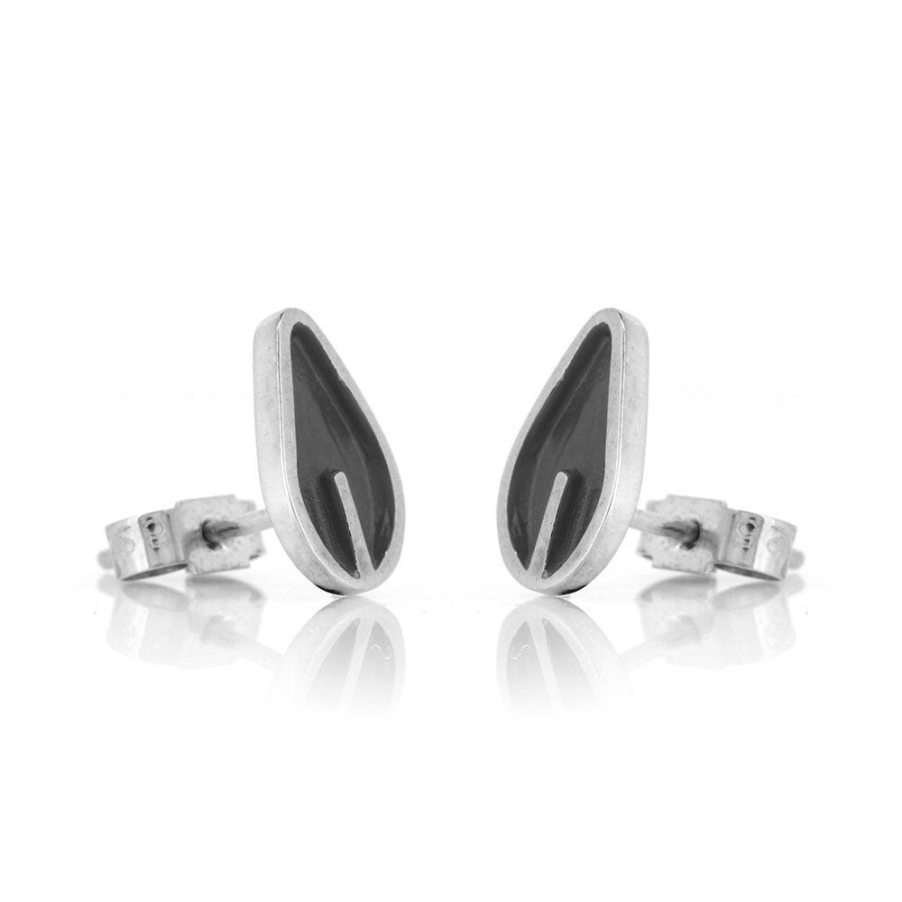 Solid Charcoal Leaf Stud Earrings - Sterling Silver