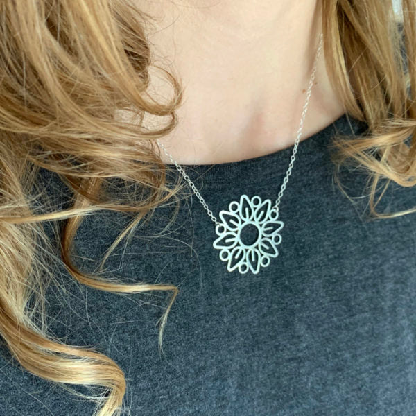 Mandala Round Outline Necklace - Sterling Silver Necklace