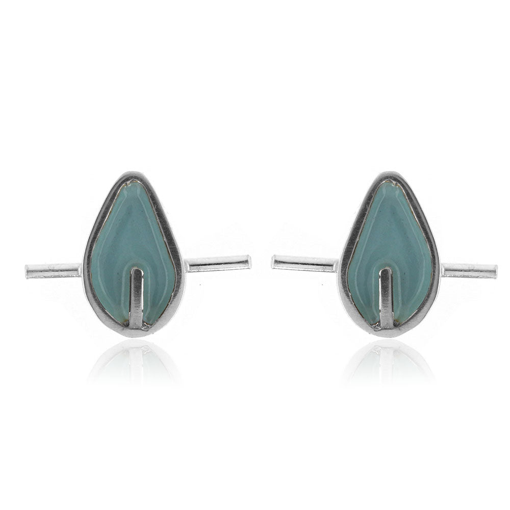 Tiny Stem Leaf Duck Egg Stud Earrings - Sterling Silver