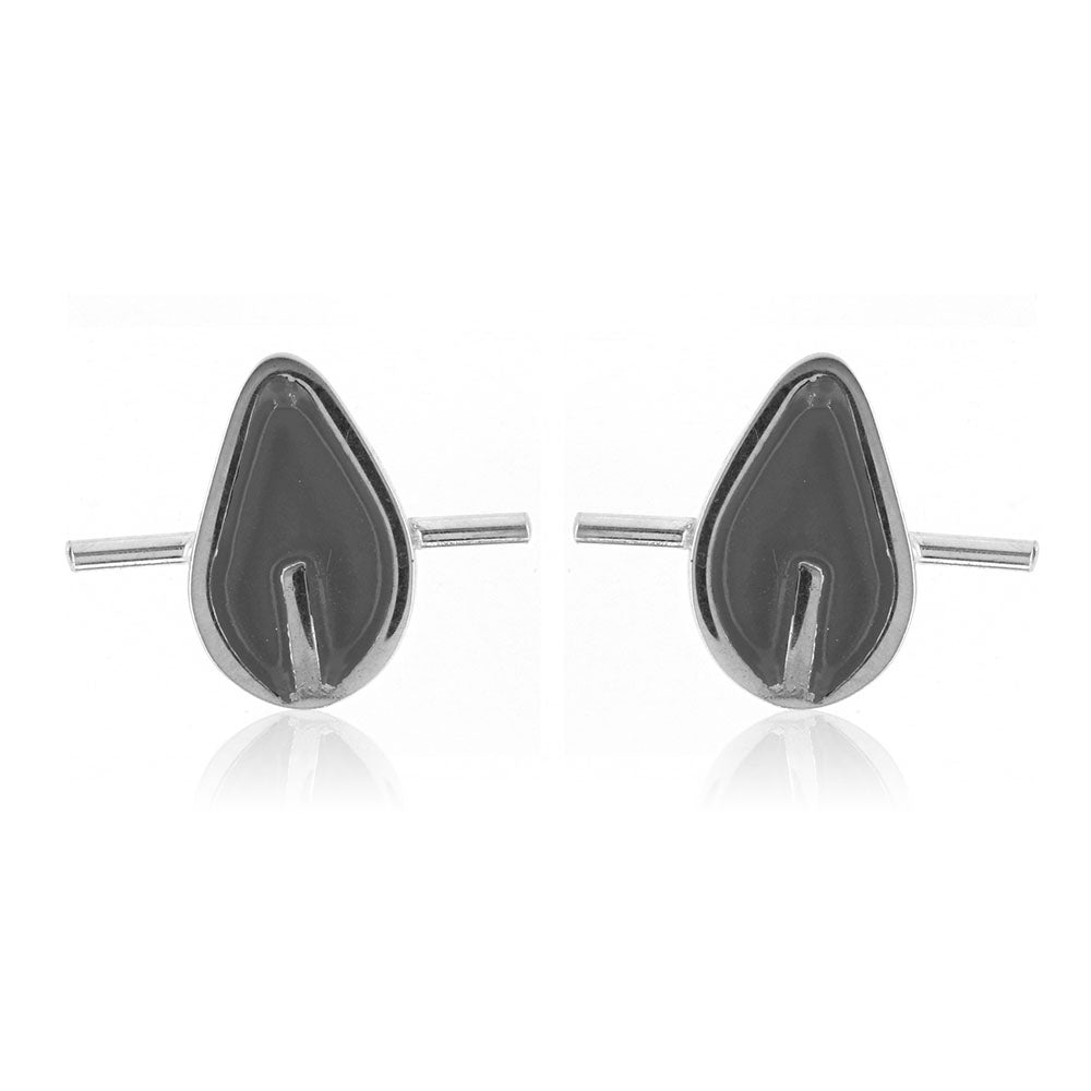 Tiny Stem Charcoal Leaf Stud Earrings - Sterling Silver