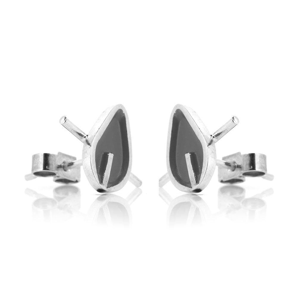 Tiny Stem Charcoal Leaf Stud Earrings - Sterling Silver