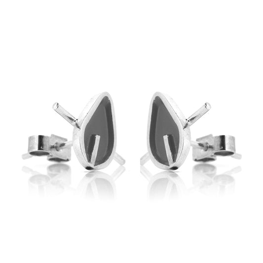 Tiny Stem Charcoal Leaf Stud Earrings - Sterling Silver