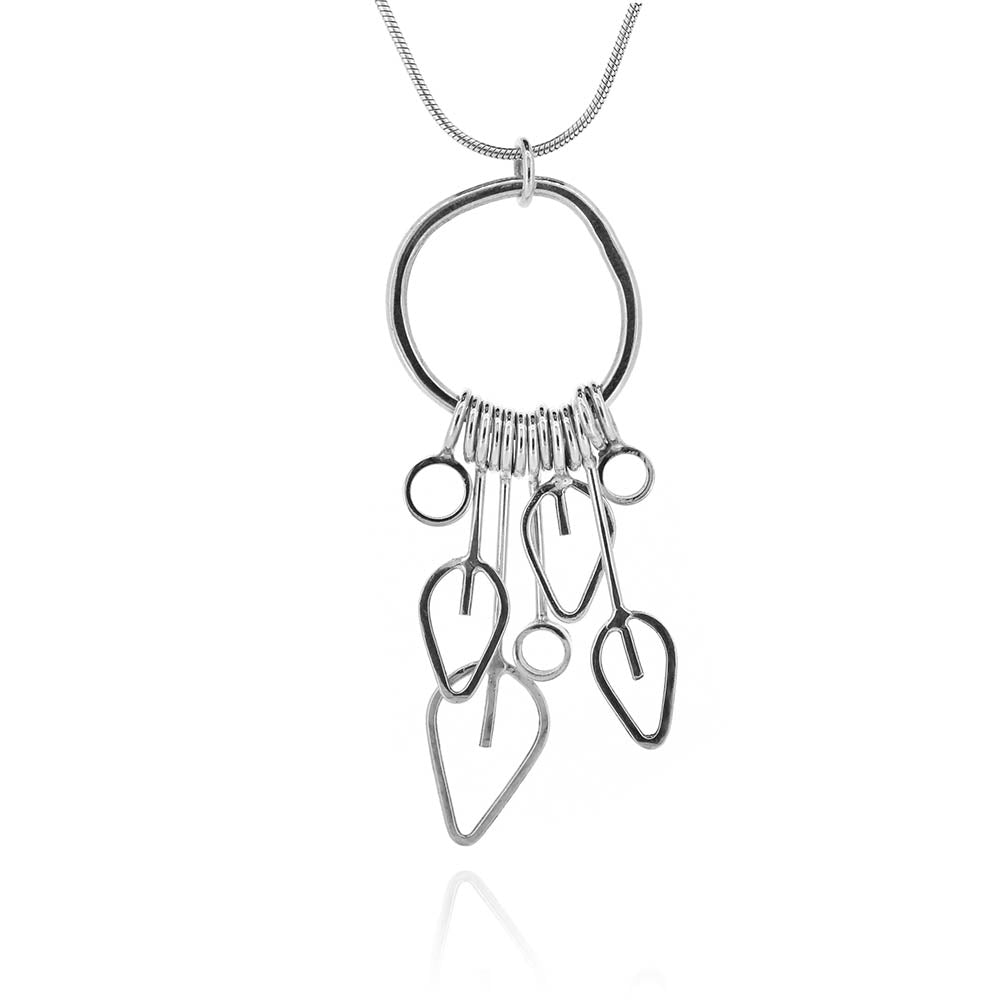Drop Loop Circle Pendant and Leaf Outline Necklace - Sterling Silver Drop Earrings
