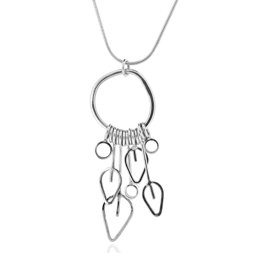 Drop Loop Circle Pendant and Leaf Outline Necklace - Sterling Silver Drop Earrings