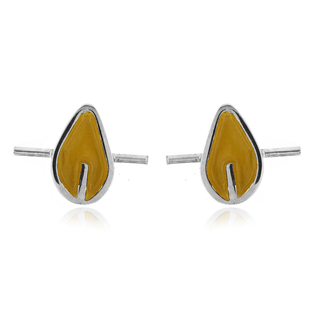 Tiny Stem Yellow Leaf Stud Earrings - Sterling Silver