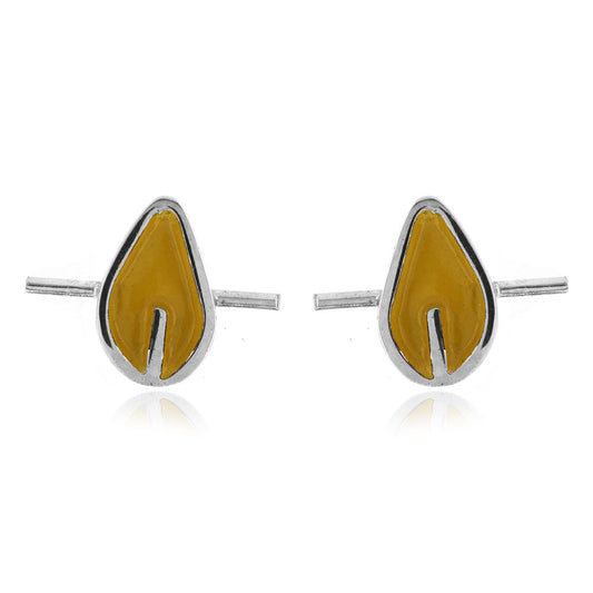 Tiny Stem Yellow Leaf Stud Earrings - Sterling Silver