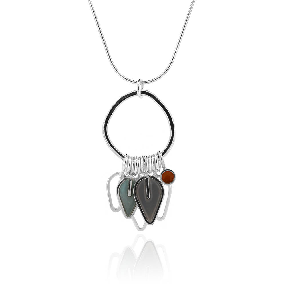 Mini Drop Leaf Outline, Charcoal Leaf, Duck Egg Leaf and Orange Dot Pendant Drop Earrings