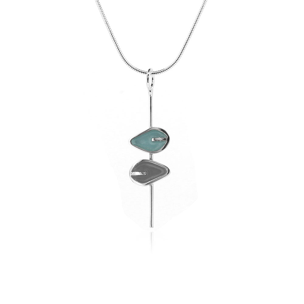 Double Leaf Stem Necklace Duck Egg And Charcoal - Sterling Silver Necklace