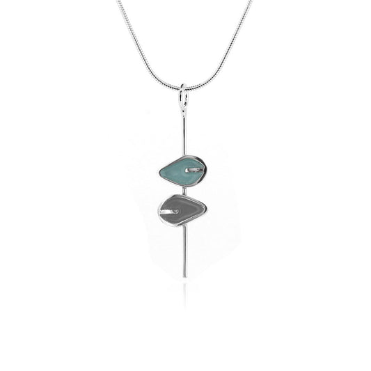 Double Leaf Stem Necklace Duck Egg And Charcoal - Sterling Silver Necklace