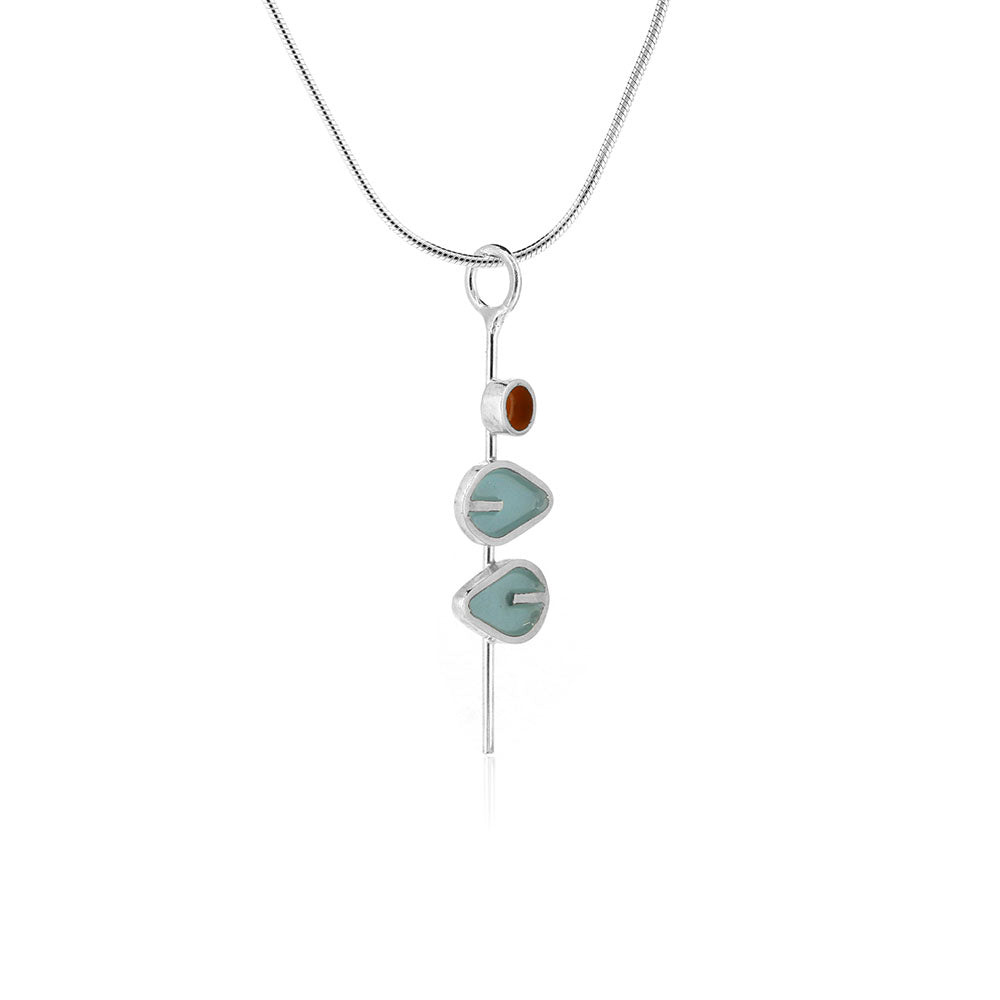 Double Duck Egg Leaf and Orange Dot Stem Necklace - Sterling Silver Necklace
