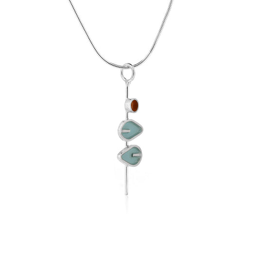 Double Duck Egg Leaf and Orange Dot Stem Necklace - Sterling Silver Necklace