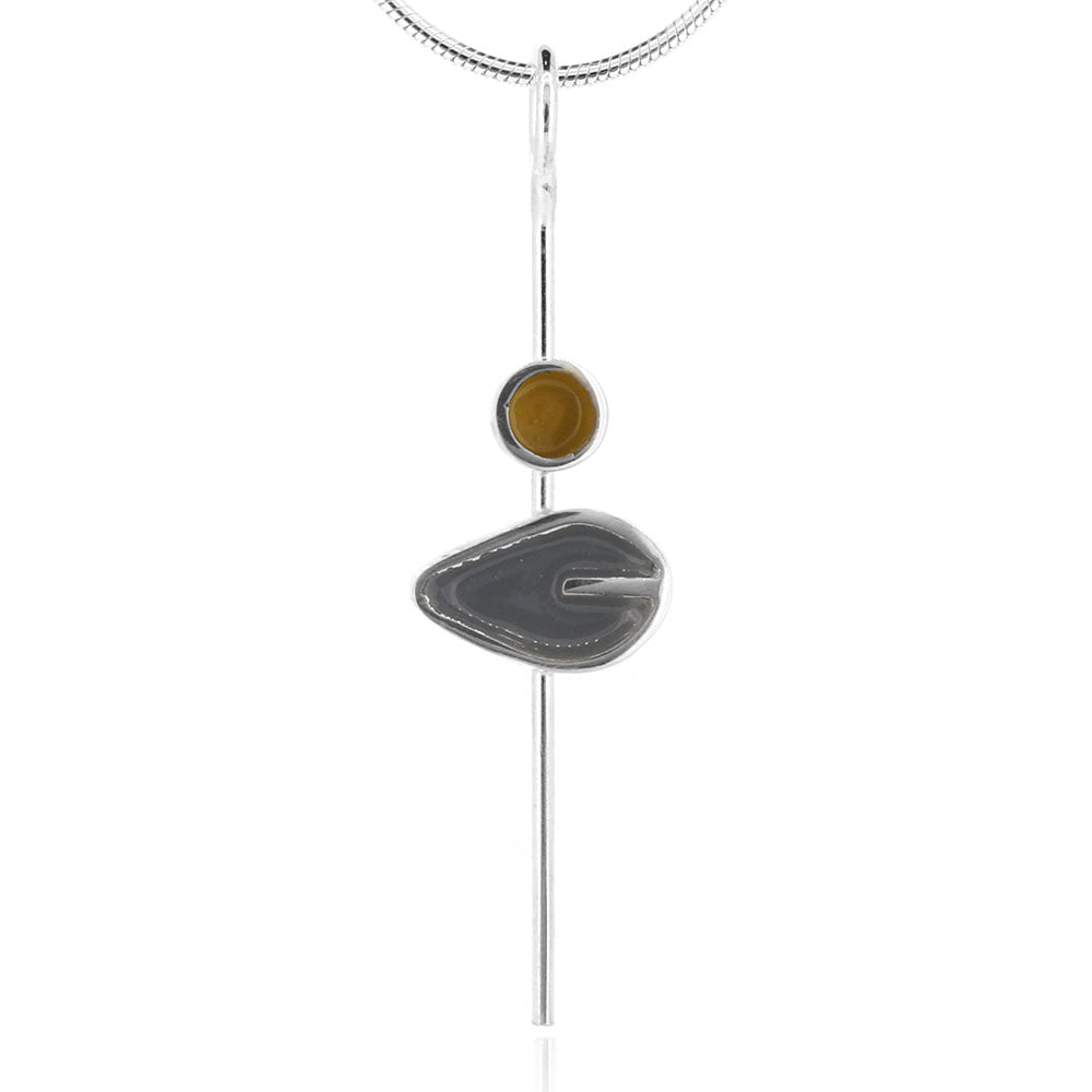 Single Charcoal Leaf and Yellow Dot Necklace - Sterling Silver