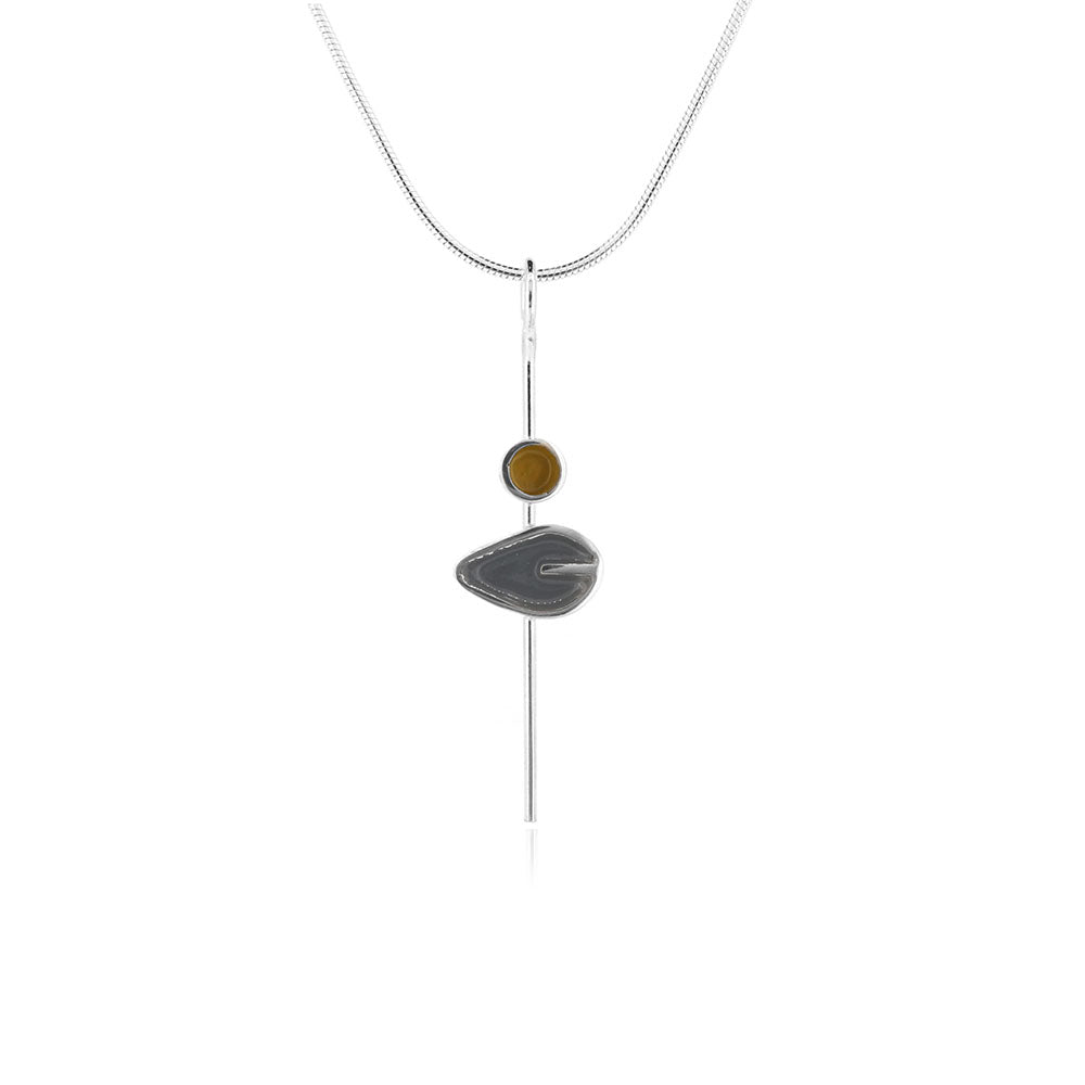 Single Charcoal Leaf and Yellow Dot Necklace - Sterling Silver