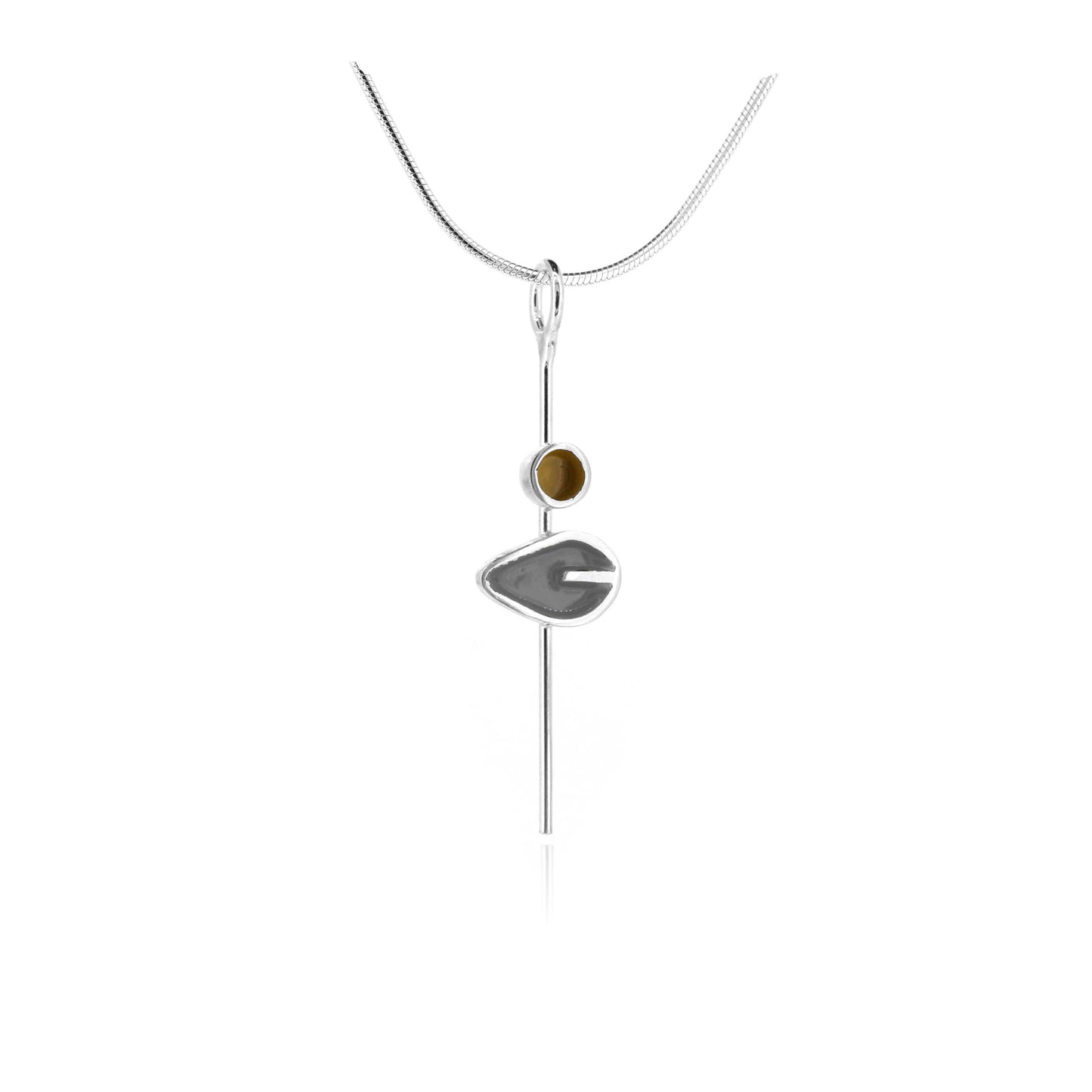 Single Charcoal Leaf and Yellow Dot Necklace - Sterling Silver
