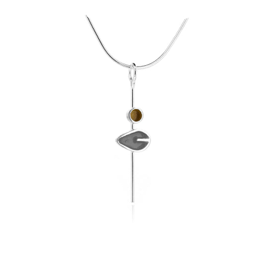 Single Charcoal Leaf and Yellow Dot Necklace - Sterling Silver