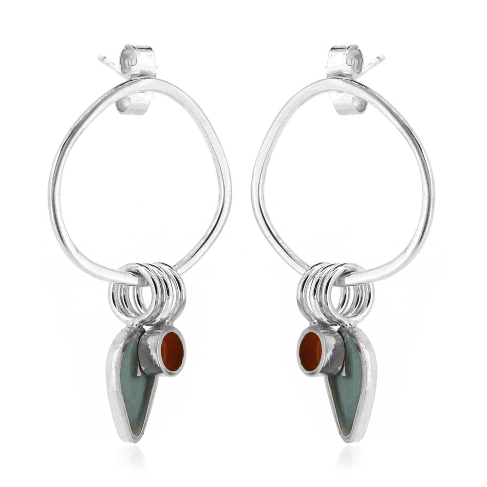 Drop Loop Studs with Duck Egg Leaf and Orange Dot - Sterling Silver Stud Earrings