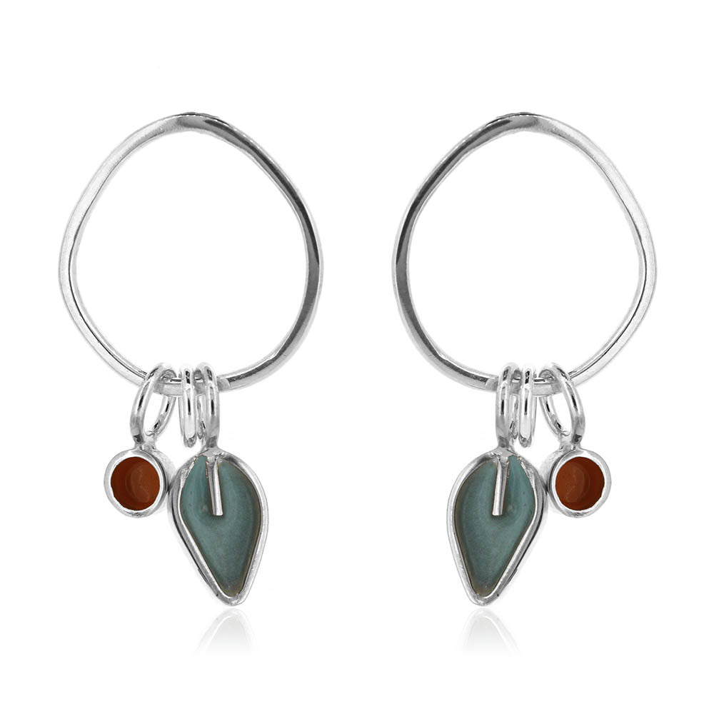 Drop Loop Studs with Duck Egg Leaf and Orange Dot - Sterling Silver Stud Earrings