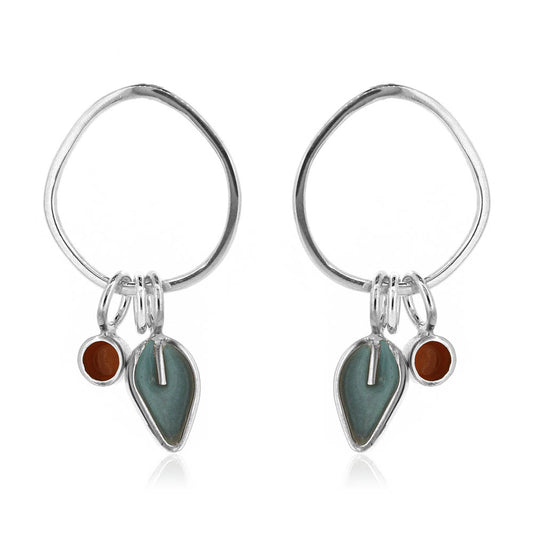 Drop Loop Studs with Duck Egg Leaf and Orange Dot - Sterling Silver Stud Earrings