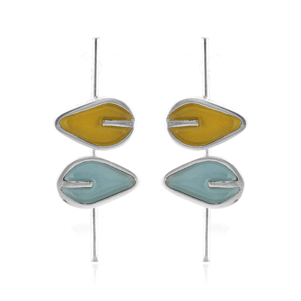 Long Stem Double Leaf Yellow and Duck Egg Stud Drop Earrings - Sterling Silver Stud Earrings