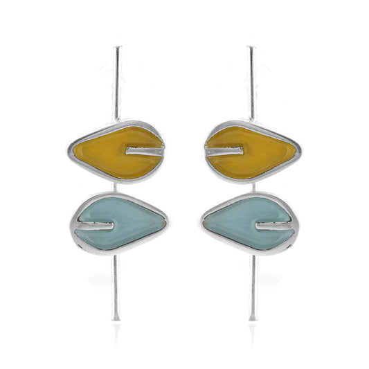Long Stem Double Leaf Yellow and Duck Egg Stud Drop Earrings - Sterling Silver Stud Earrings