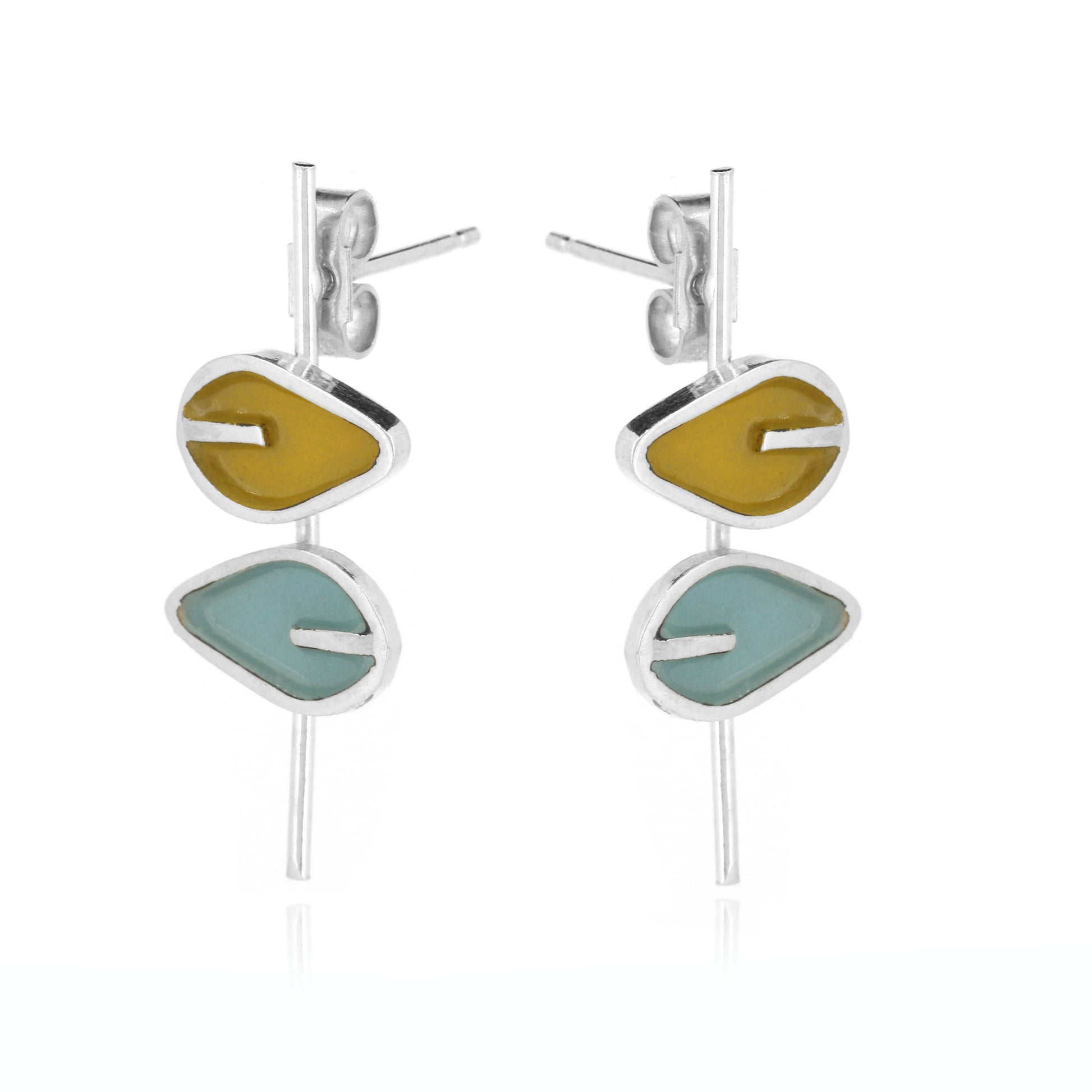 Long Stem Double Leaf Yellow and Duck Egg Stud Drop Earrings - Sterling Silver Stud Earrings