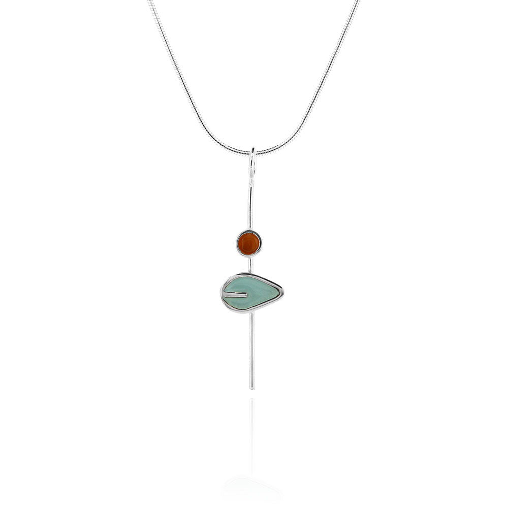 Single Duck Egg Leaf and Orange Dot Stem Necklace - Sterling Silver