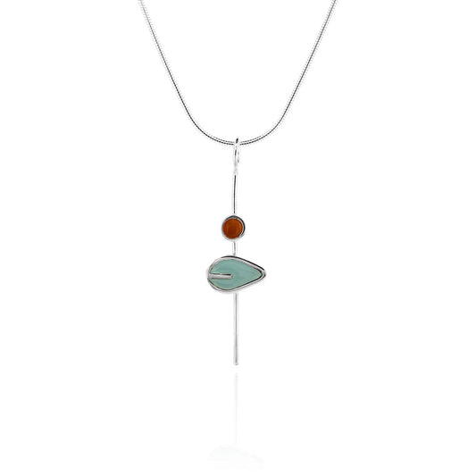 Single Duck Egg Leaf and Orange Dot Stem Necklace - Sterling Silver