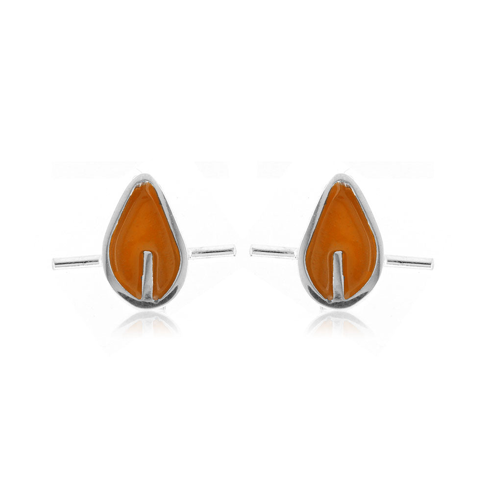Tiny Stem Orange Leaf Stud Earrings - Sterling Silver