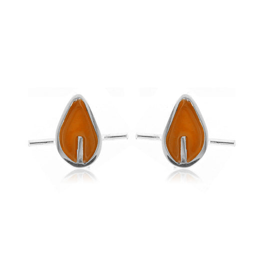 Tiny Stem Orange Leaf Stud Earrings - Sterling Silver