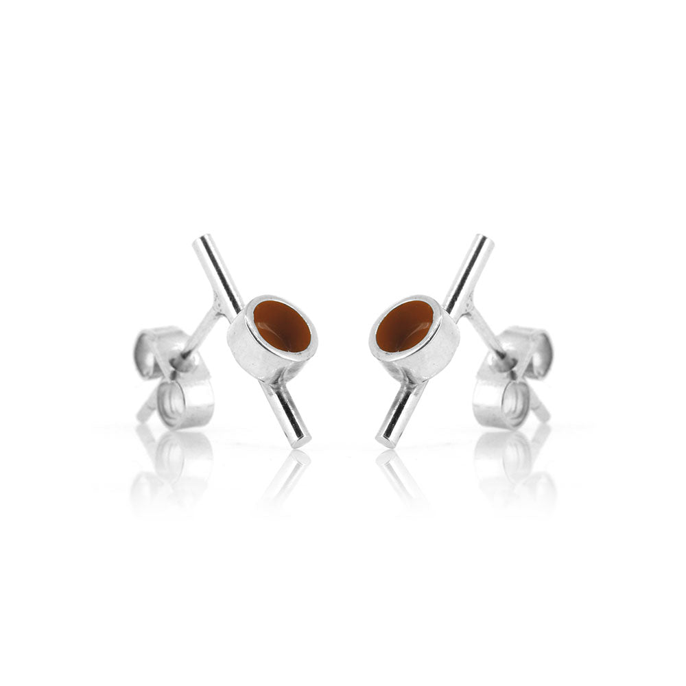 Tiny Stem And Dot Orange Stud Earrings - Sterling Silver