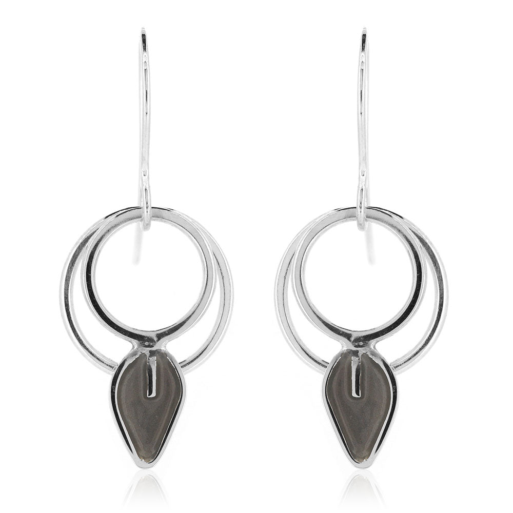 Double Circle Charcoal Leaf Drop Earrings - Sterling Silver Drop Earrings
