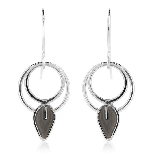 Double Circle Charcoal Leaf Drop Earrings - Sterling Silver Drop Earrings