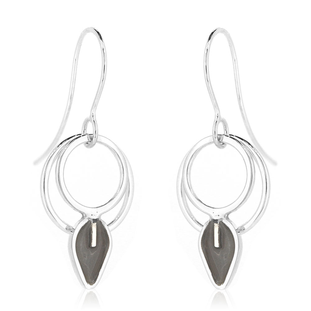 Double Circle Charcoal Leaf Drop Earrings - Sterling Silver Drop Earrings