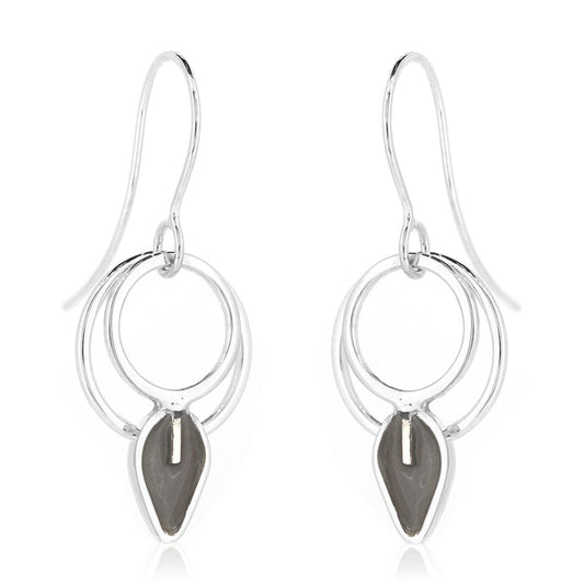 Double Circle Charcoal Leaf Drop Earrings - Sterling Silver Drop Earrings