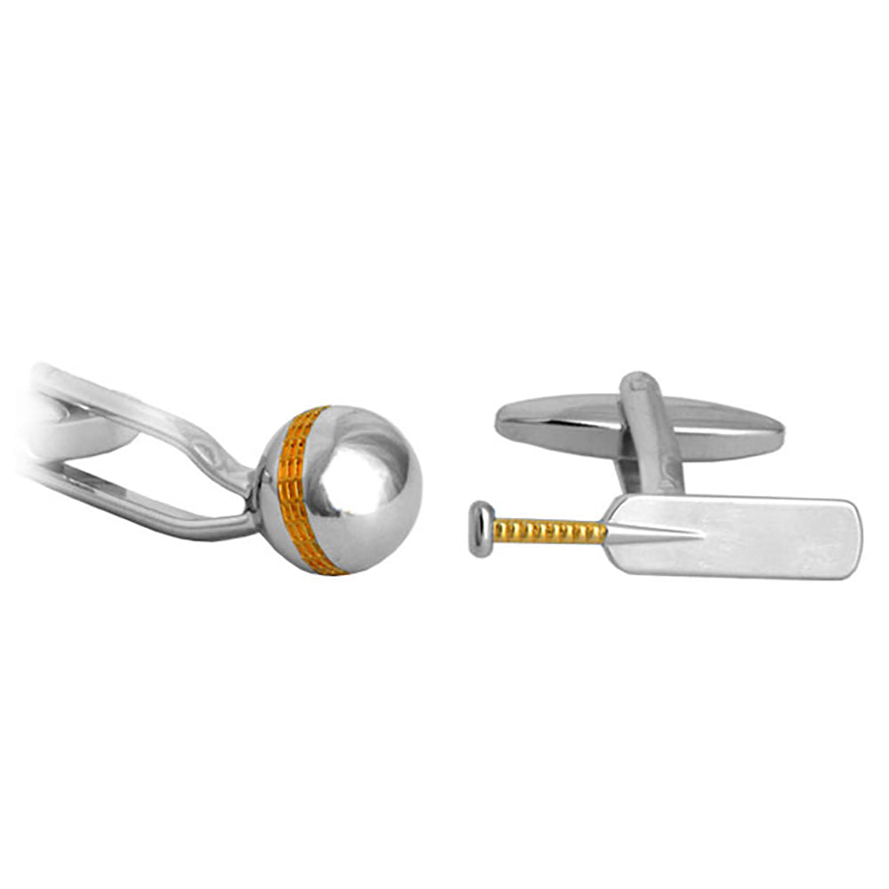 Cufflinks - Cricket Bat & Ball Rhodium and Gold Plated Cufflinks