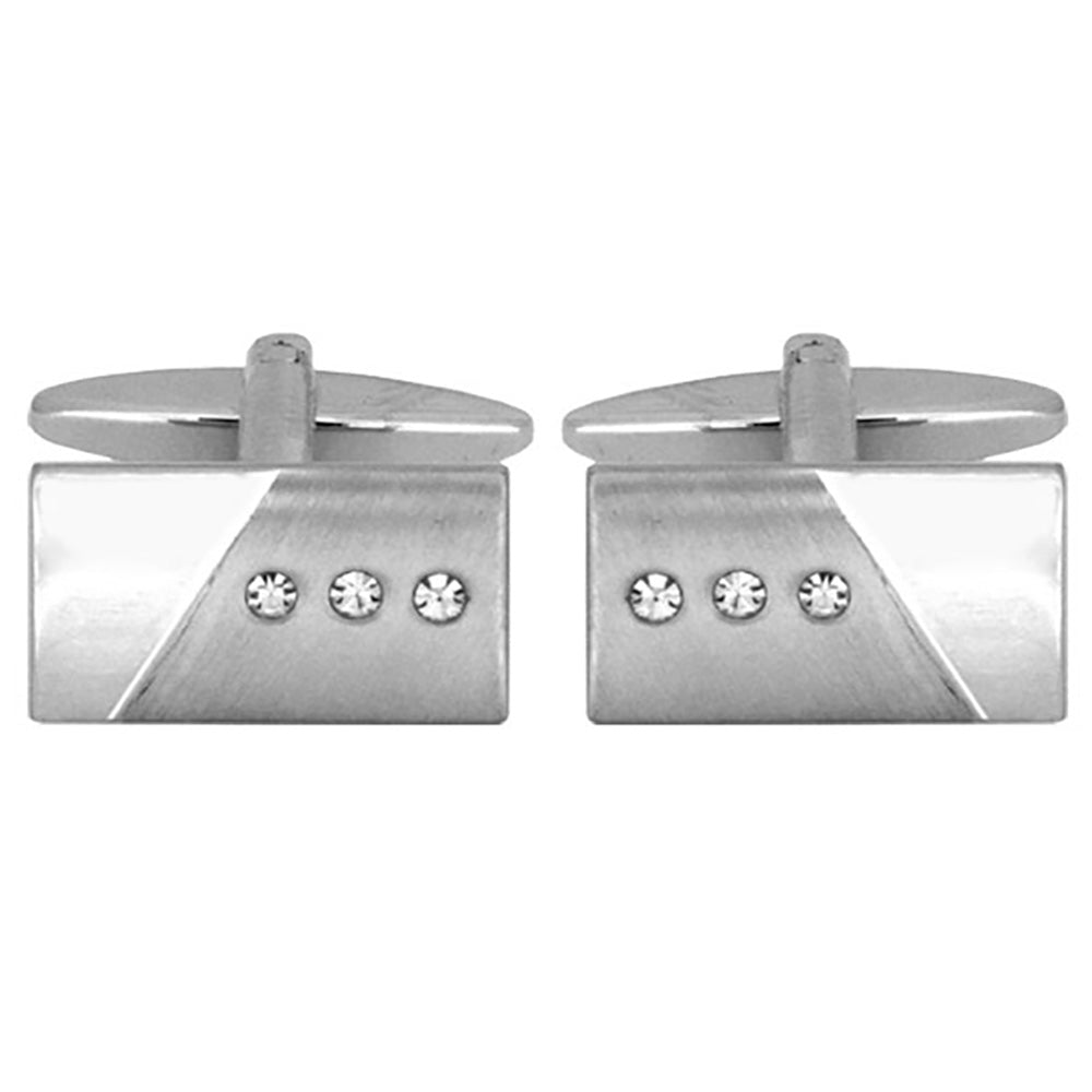 Cufflinks - Brushed & Polished 3 Crystal Rectangular Rhodium Plated Cufflinks