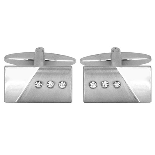 Cufflinks - Brushed & Polished 3 Crystal Rectangular Rhodium Plated Cufflinks