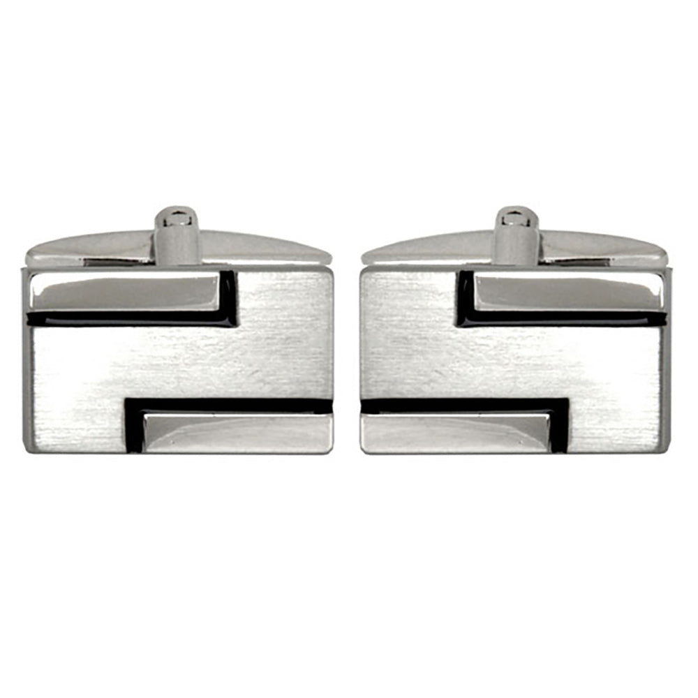 Cufflinks - Brushed with Black Lines Rhodium Plated Cufflinks