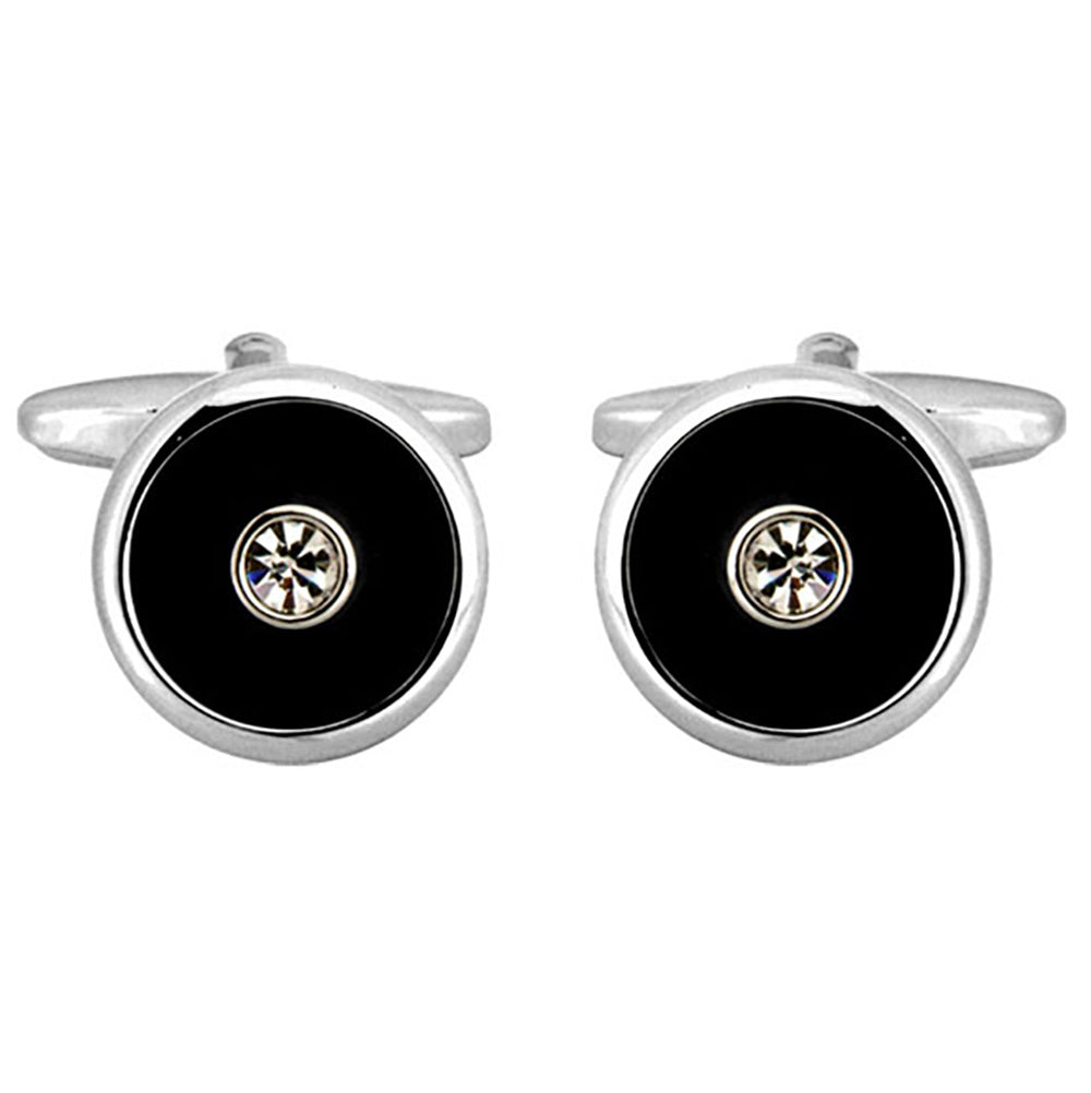 Cufflinks - Round Black Centre Crystal Rhodium Plated Cufflinks