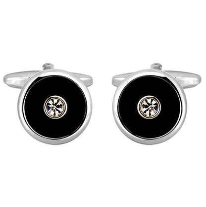 Cufflinks - Round Black Centre Crystal Rhodium Plated Cufflinks