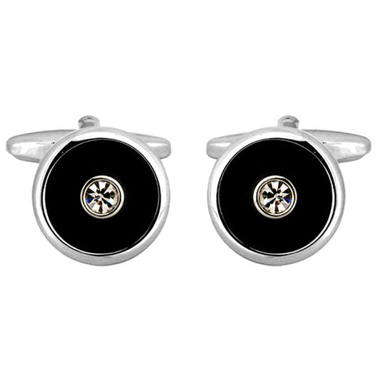 Cufflinks - Round Black Centre Crystal Rhodium Plated Cufflinks
