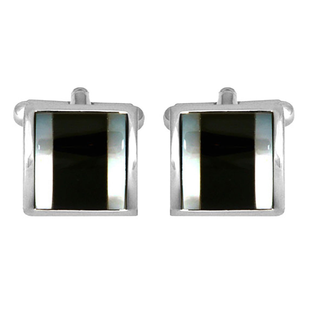 Cufflinks - Onyx with Mother Of Pearl Bands Curved Rhodium Plated Cufflinks