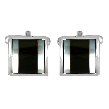 Cufflinks - Onyx with Mother Of Pearl Bands Curved Rhodium Plated Cufflinks
