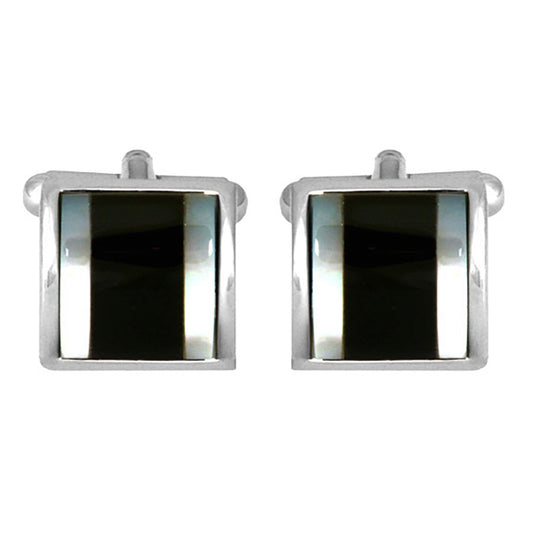 Cufflinks - Onyx with Mother Of Pearl Bands Curved Rhodium Plated Cufflinks